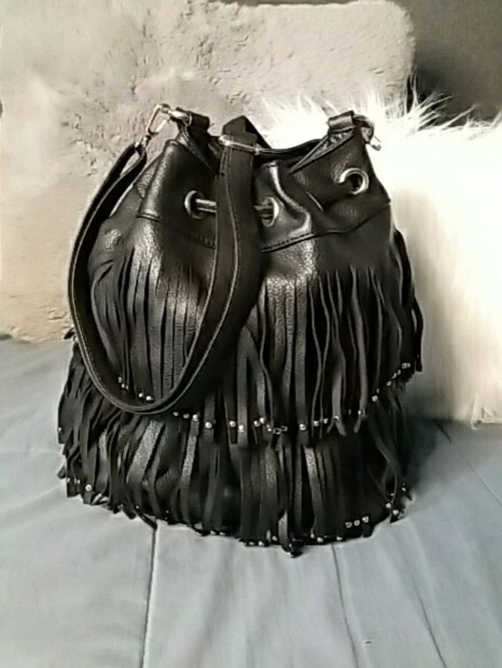 Black Fringe Hobo Bag with Detachable Strap Medium
